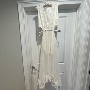 Bebe Deep Fringe Mesh Maxi Dress Women's Dress Egret